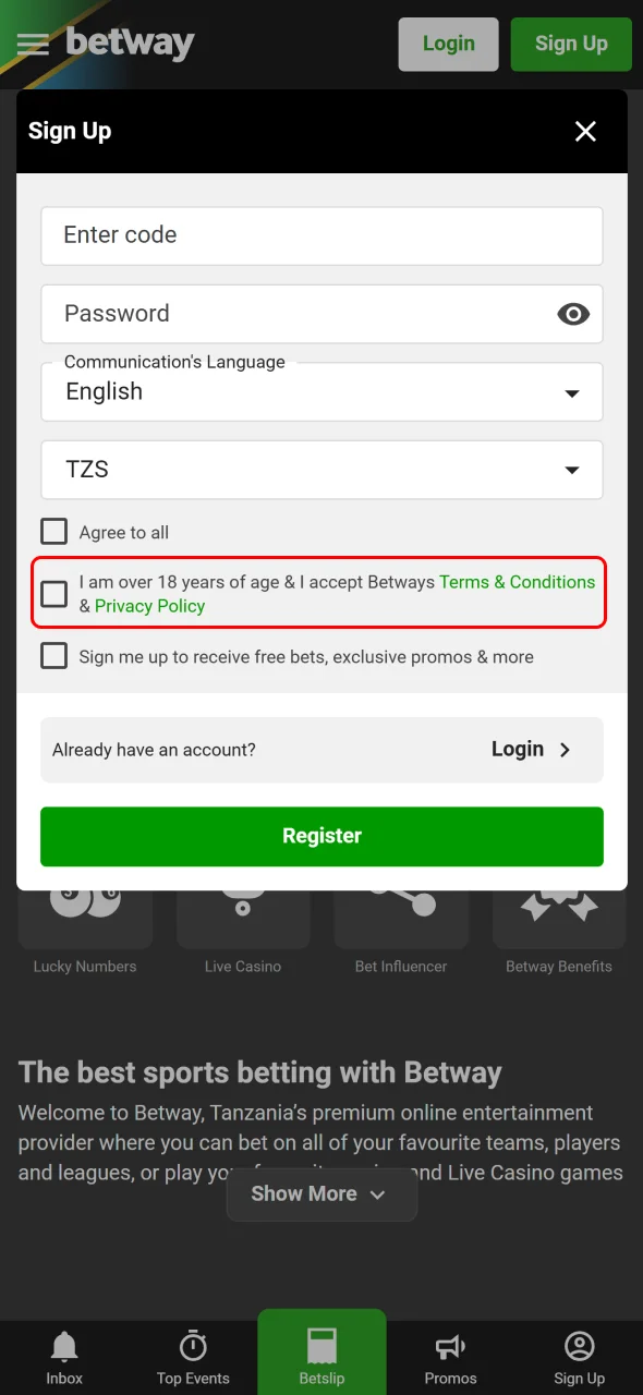 Aviator Registration / Login Process in Tanzania step 6