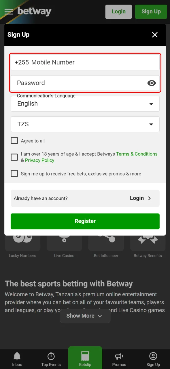 Aviator Registration / Login Process in Tanzania step 3