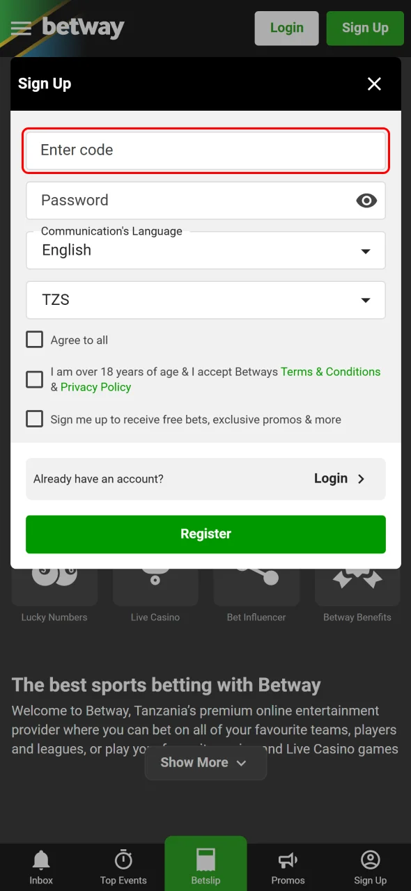 Aviator Registration / Login Process in Tanzania step 5