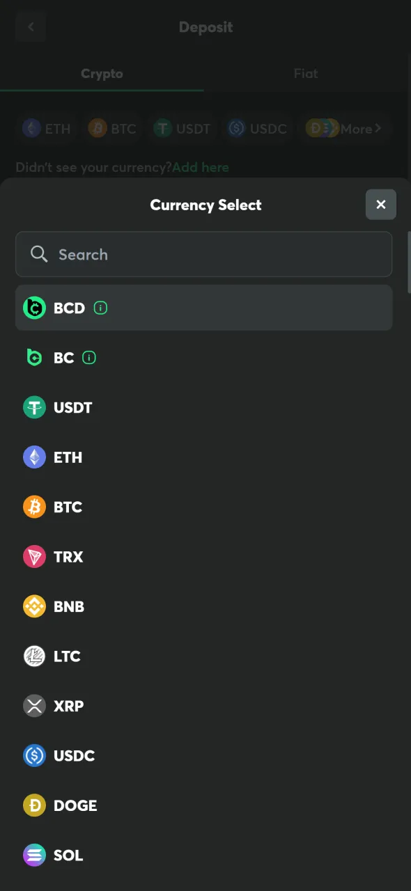 Pick the Cryptocurrency for Deposit Pick the Cryptocurrency for Deposit