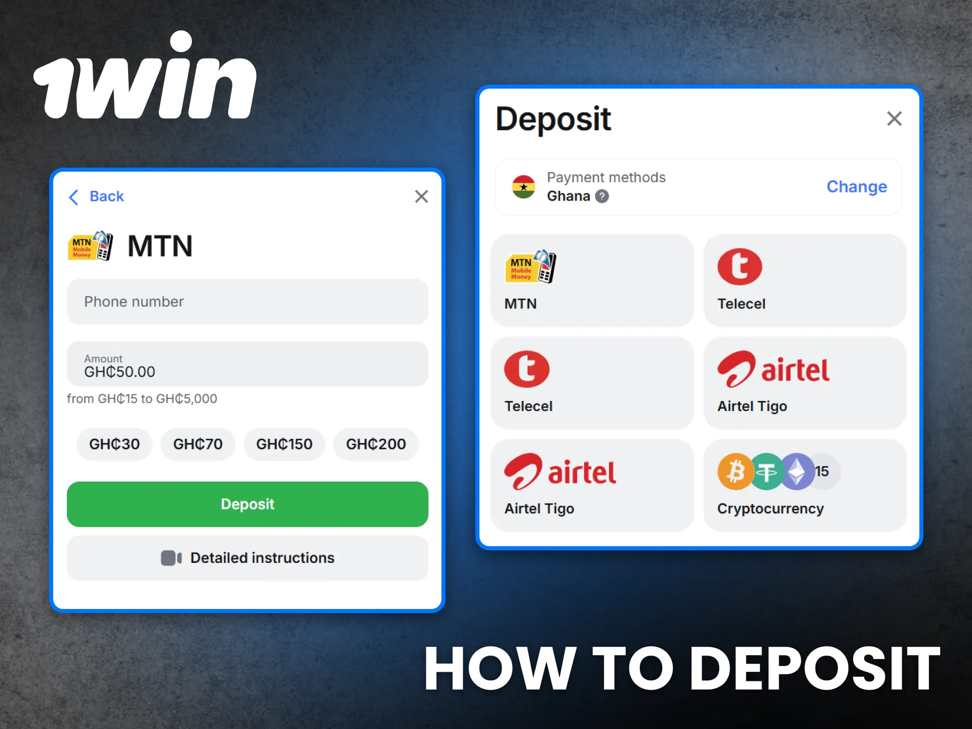Deposit funds at 1Win Ghana using fast and reliable payment systems.