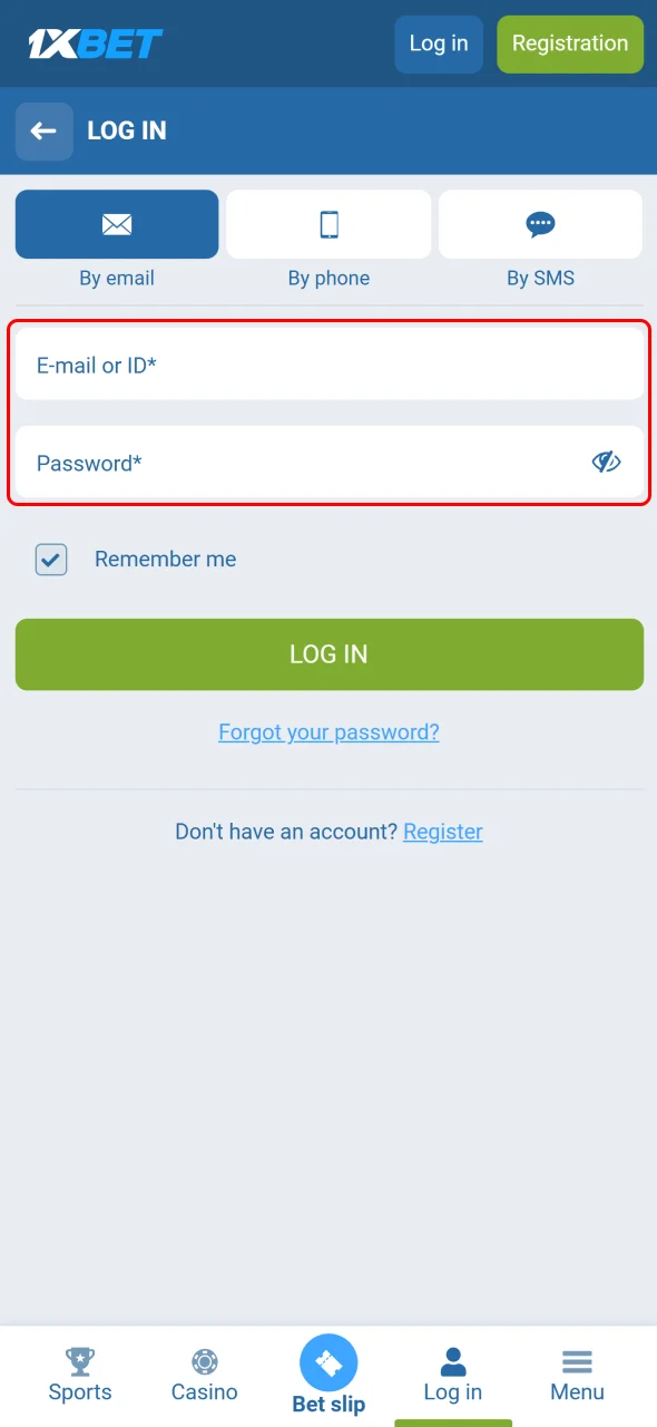 Enter your login details to securely access your 1xBet account.