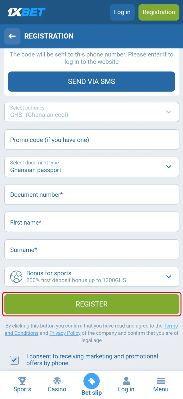 Confirm your details to complete the 1xBet registration process.