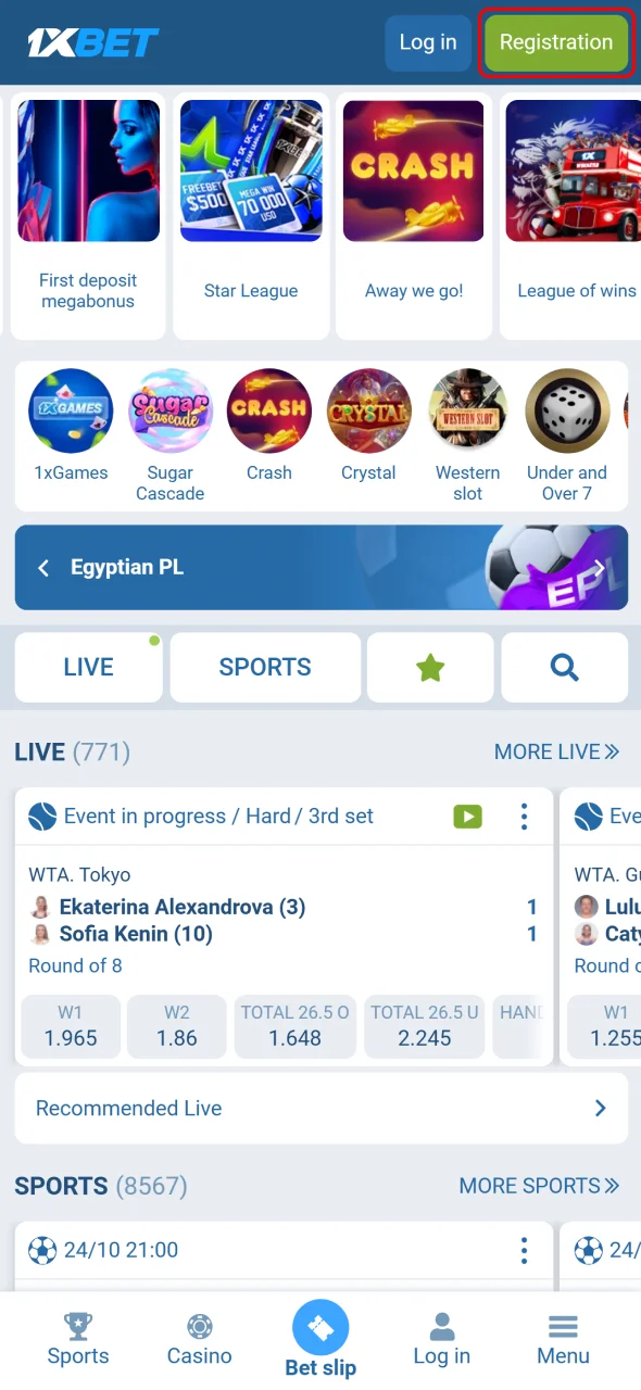 Press the sign-up button on 1xBet and join the platform instantly.