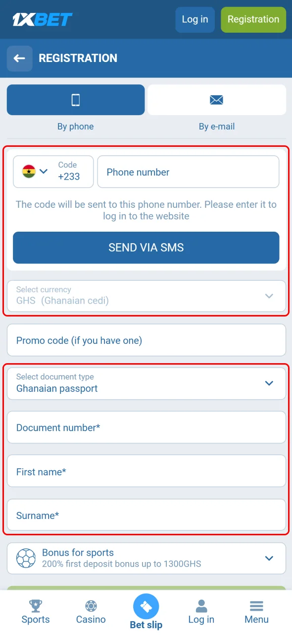 Provide your personal information to create an account on 1xBet Ghana.