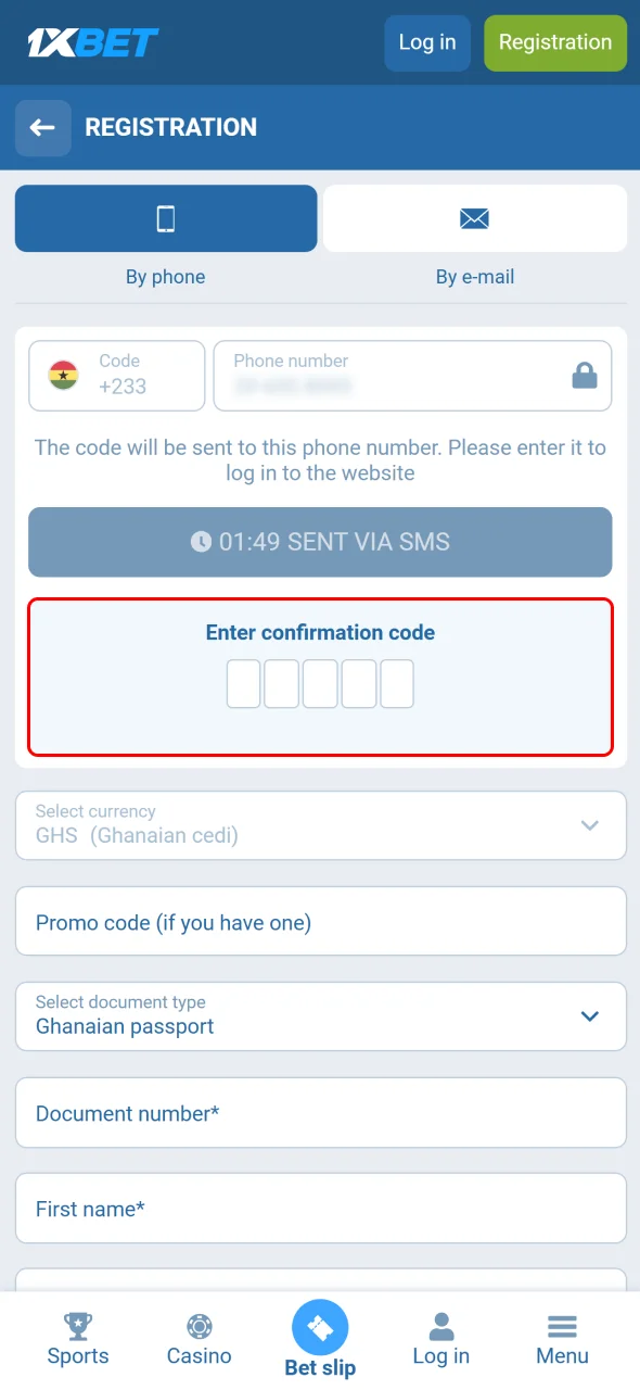 Verify your phone number to activate your 1xBet Ghana account.
