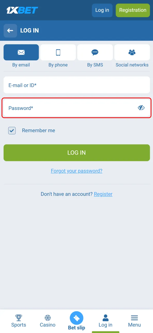 Enter your 1xBet password for quick and secure account access.
