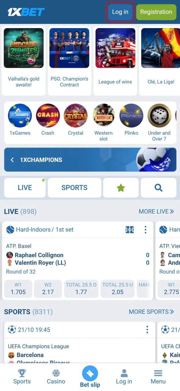 Press the 1xBet log in button to enter your account securely.