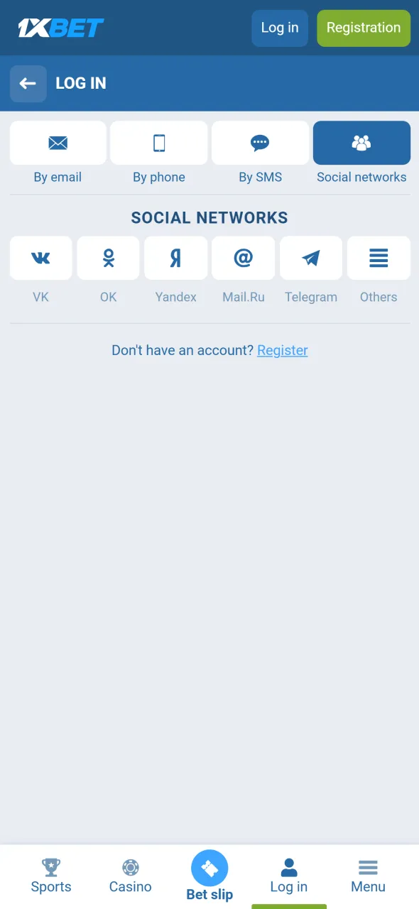 Log in through social media to access 1xBet faster and more conveniently.