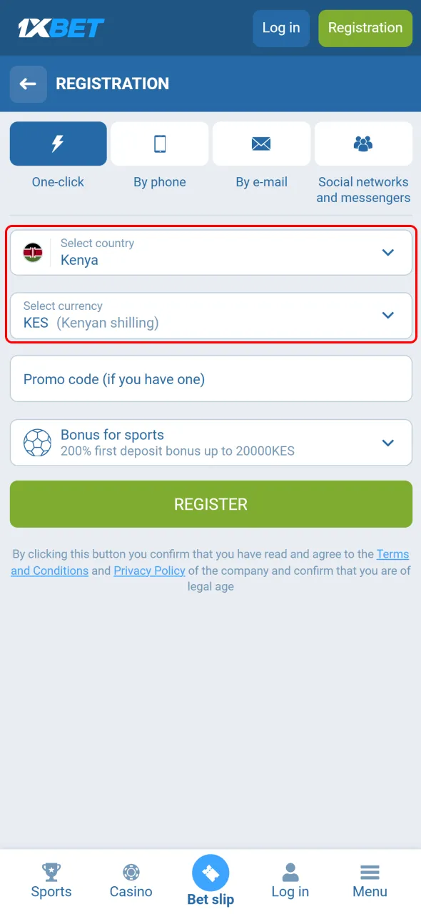 Set your country and currency to personalize your 1xBet account.