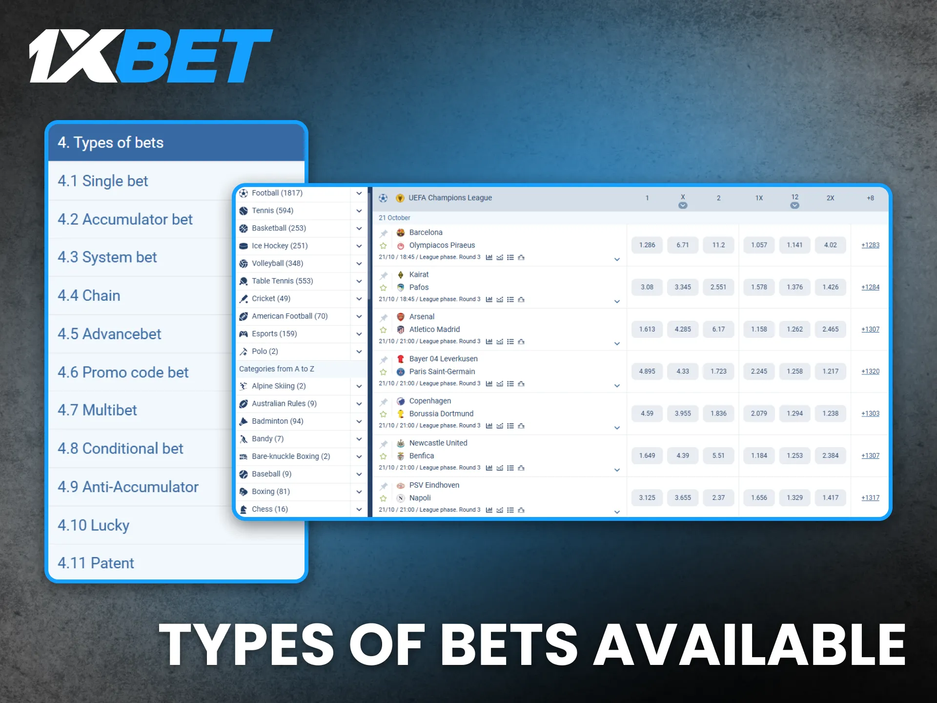 Discover multiple betting types available for all players on 1xBet.