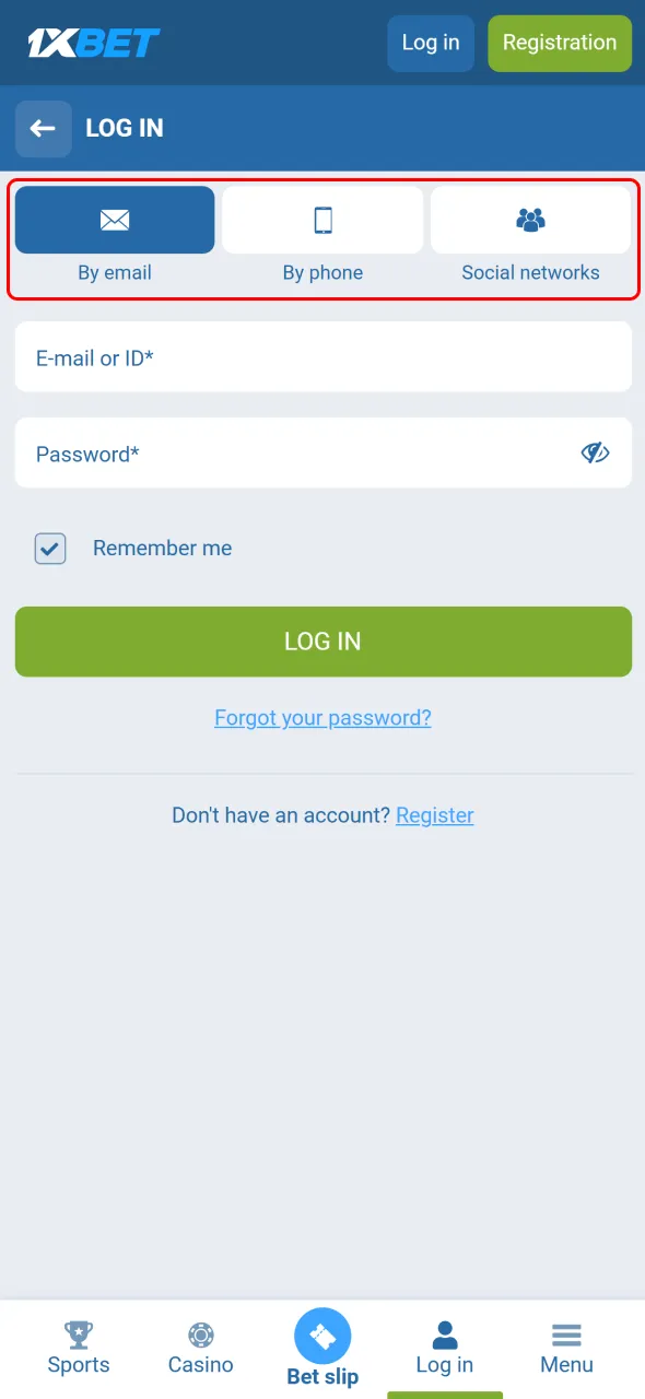 Select your preferred login method to access your 1xBet account quickly.