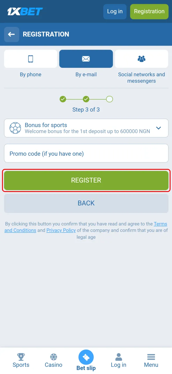 Accept the platform rules and confirm your registration to join 1xBet Nigeria.