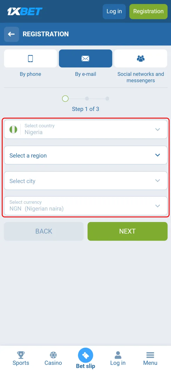 Choose Nigeria as your country when signing up on the 1xBet betting platform.