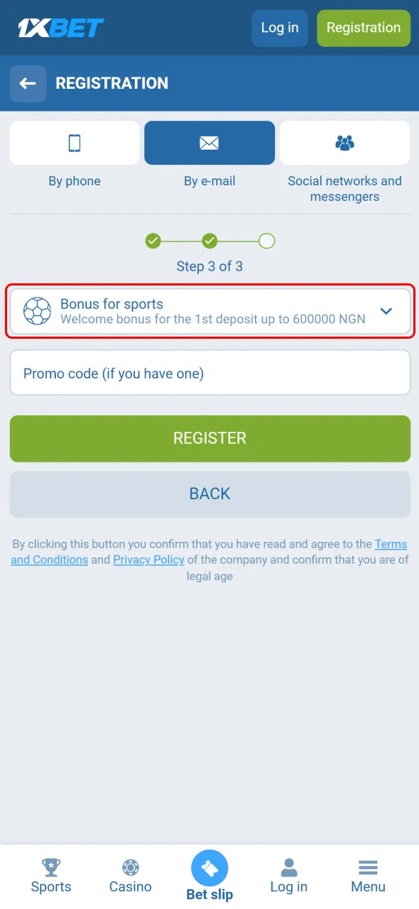 Activate your 1xBet Nigeria welcome bonus after finishing the registration process.