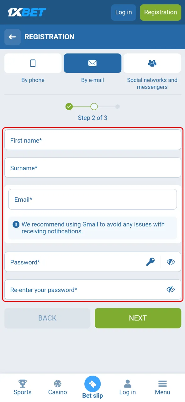 Provide accurate personal information to successfully complete your 1xBet registration.