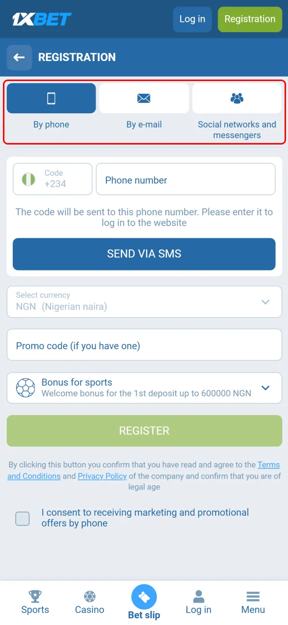 Select your preferred registration method on 1xBet Nigeria to open a new account.
