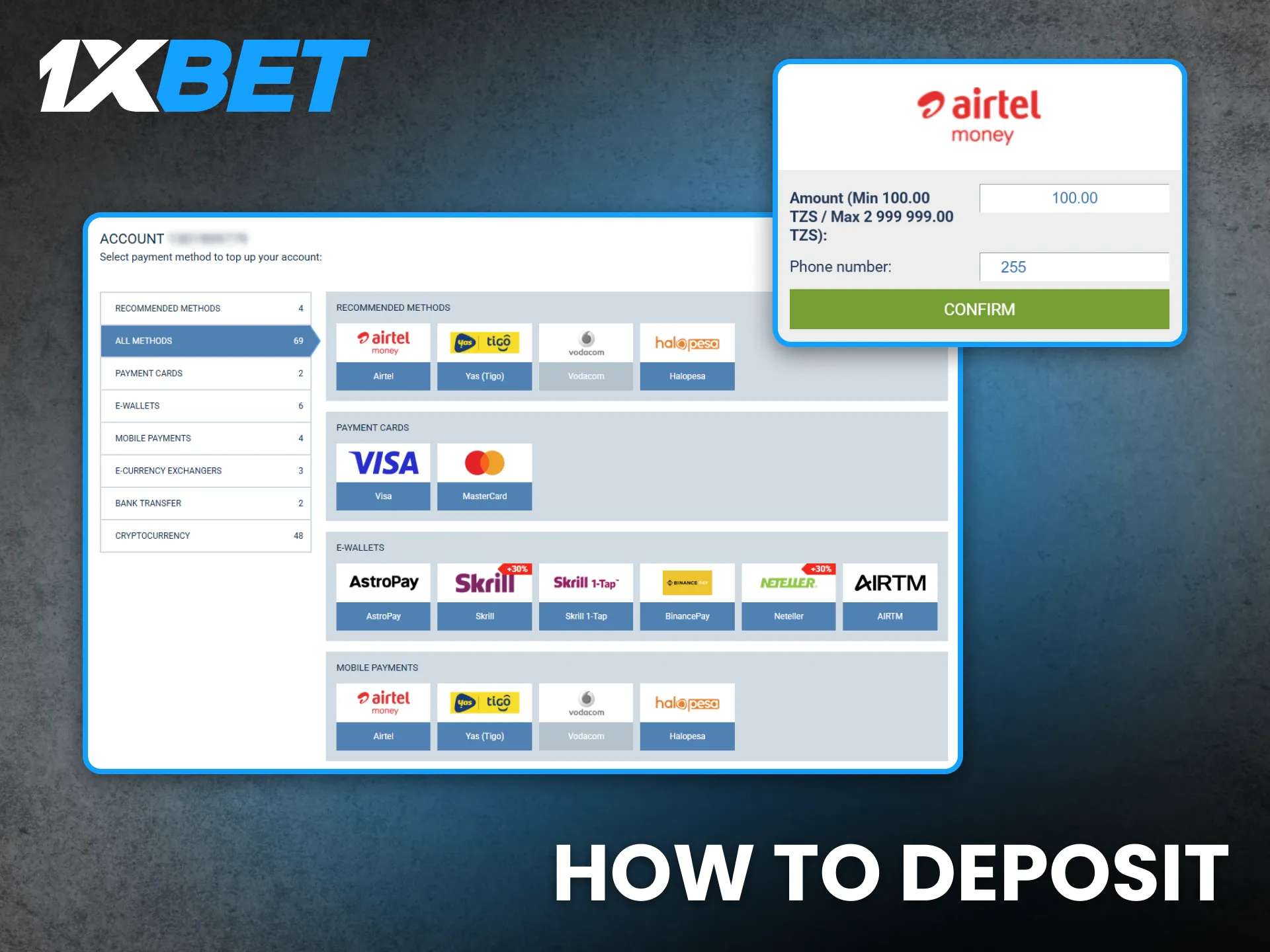 Deposit funds at 1xBet Tanzania using fast local methods.