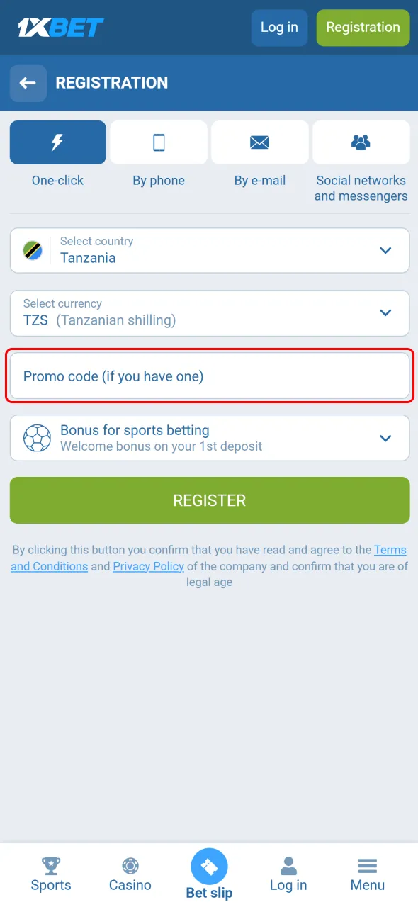Enter a valid promo code when signing up at 1xBet.