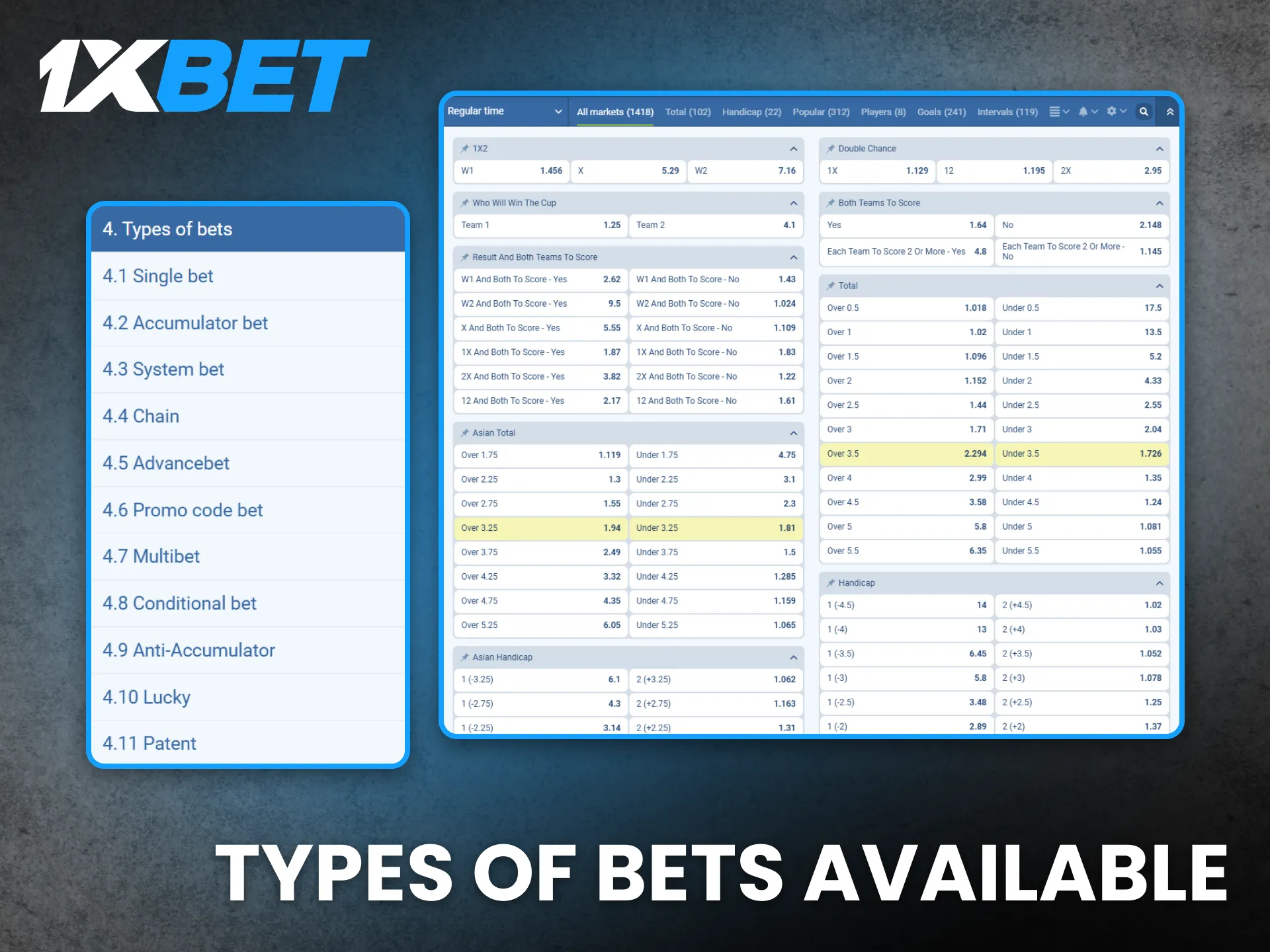 Explore all bet types offered by 1xBet Tanzania.