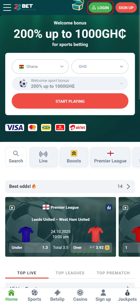 Click login and access your 22Bet Ghana profile instantly.