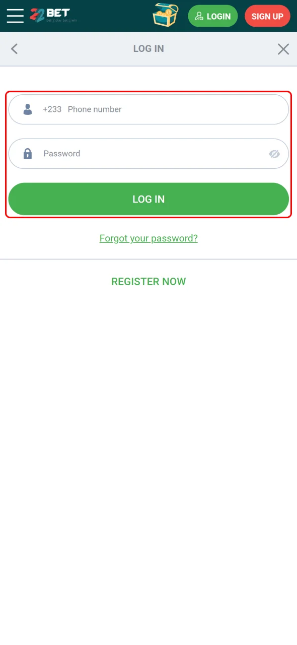 Enter username and password to reach your 22Bet account.