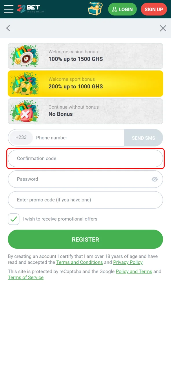 Confirm your details to activate your 22Bet Ghana betting profile.