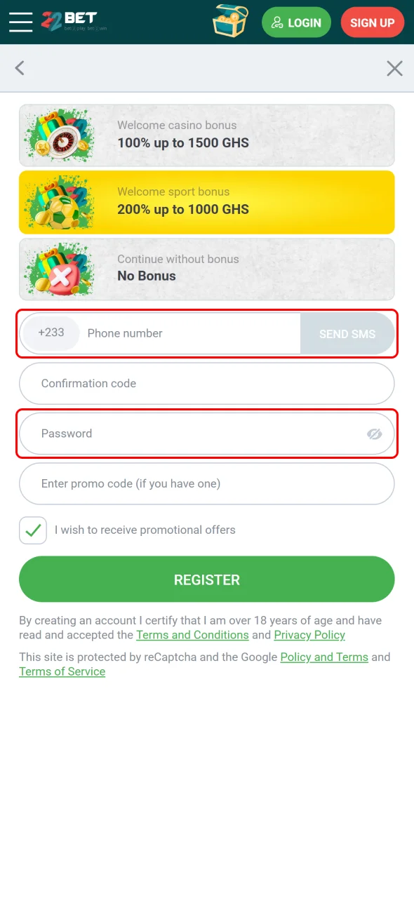 Fill out the form to create your 22Bet Ghana account easily.