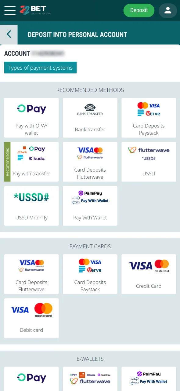 Fund your 22Bet account to start playing your favorite sports.