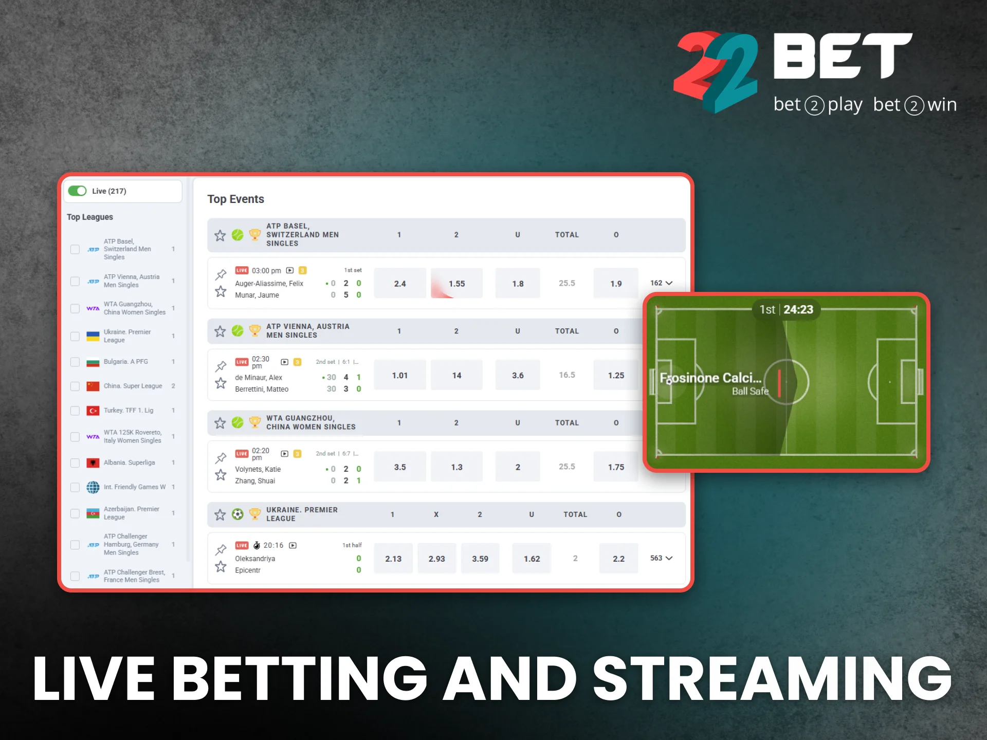 Experience live betting and streaming with 22Bet across top sports.