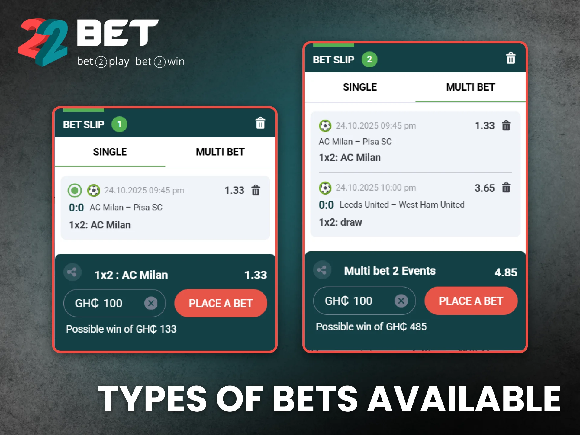 Explore multiple bet types and strategies available on 22Bet.