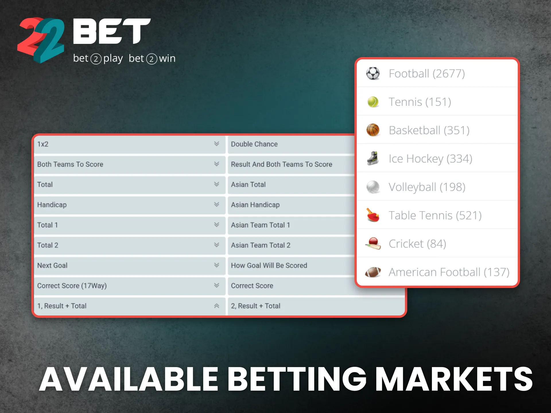 Explore all betting markets and options available on 22Bet Nigeria.