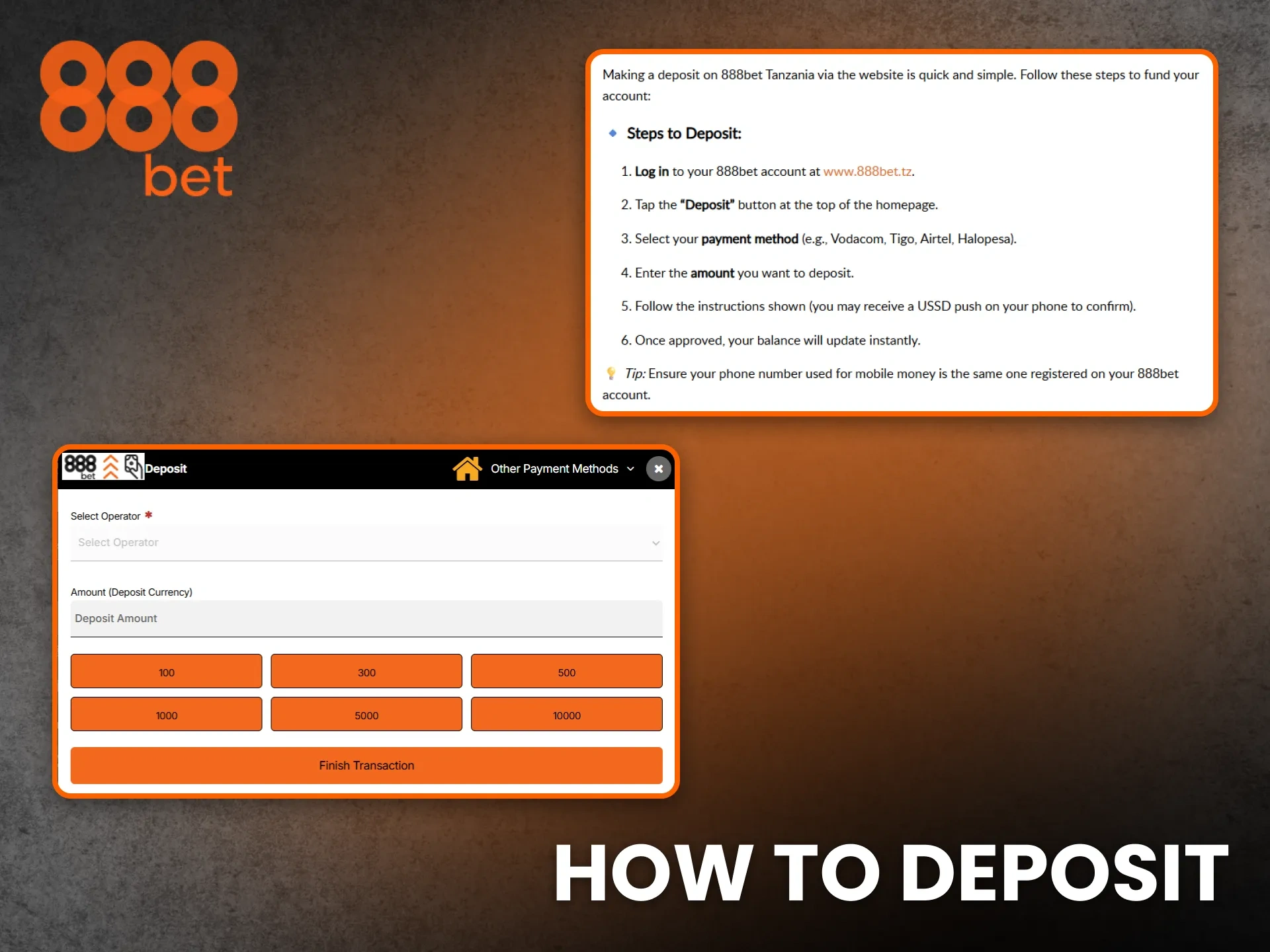 See the quick guide detailing how to deposit at 888bet Tanzania safely.