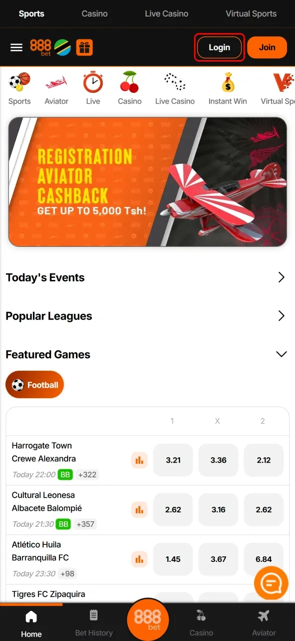 Begin your session by clicking the Login button found on the 888bet website.