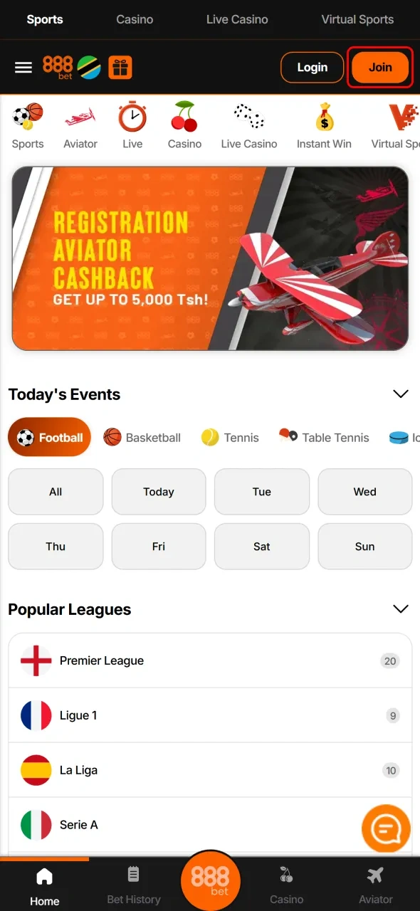 Locate and click on the Join Now button on the 888bet homepage to start signing up.