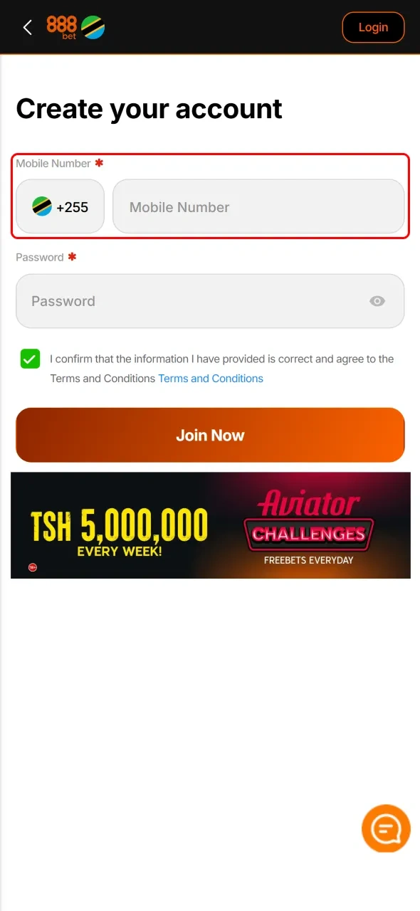 Provide your mobile phone number to register your new 888bet account today.
