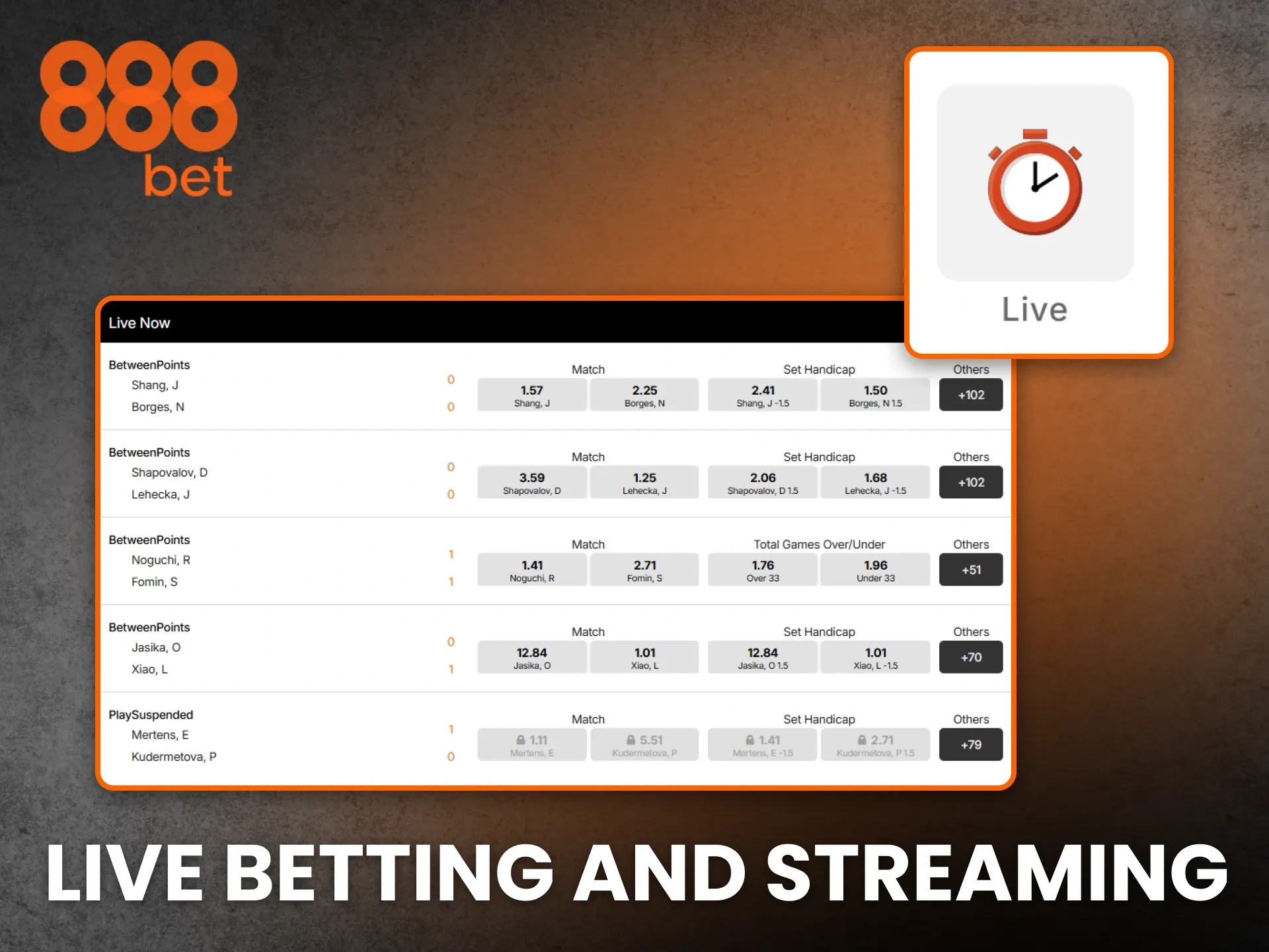 Experience live betting and streaming at 888bet to wager on games as they happen.