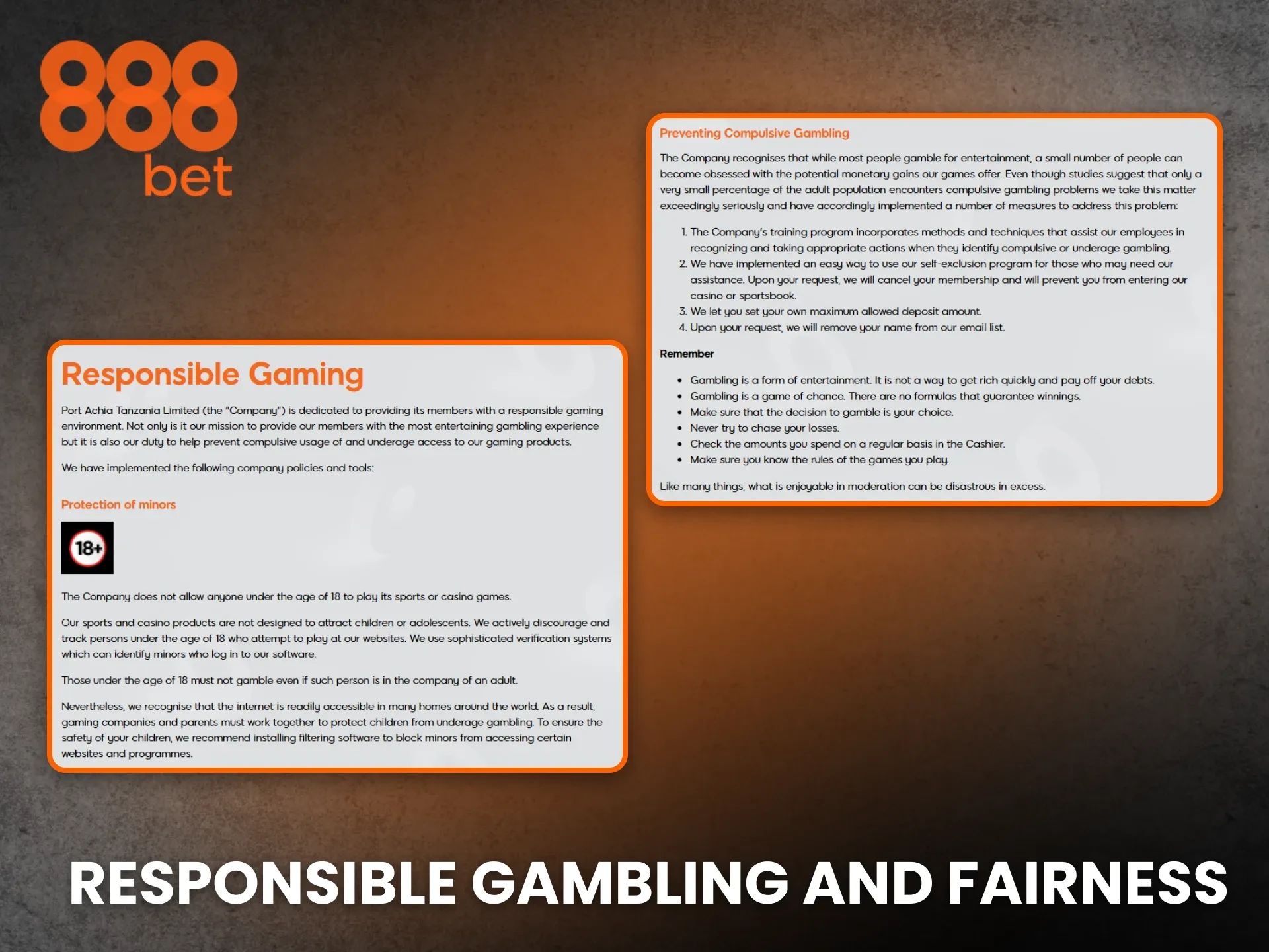 Read about responsible gambling and fairness commitment from 888bet.
