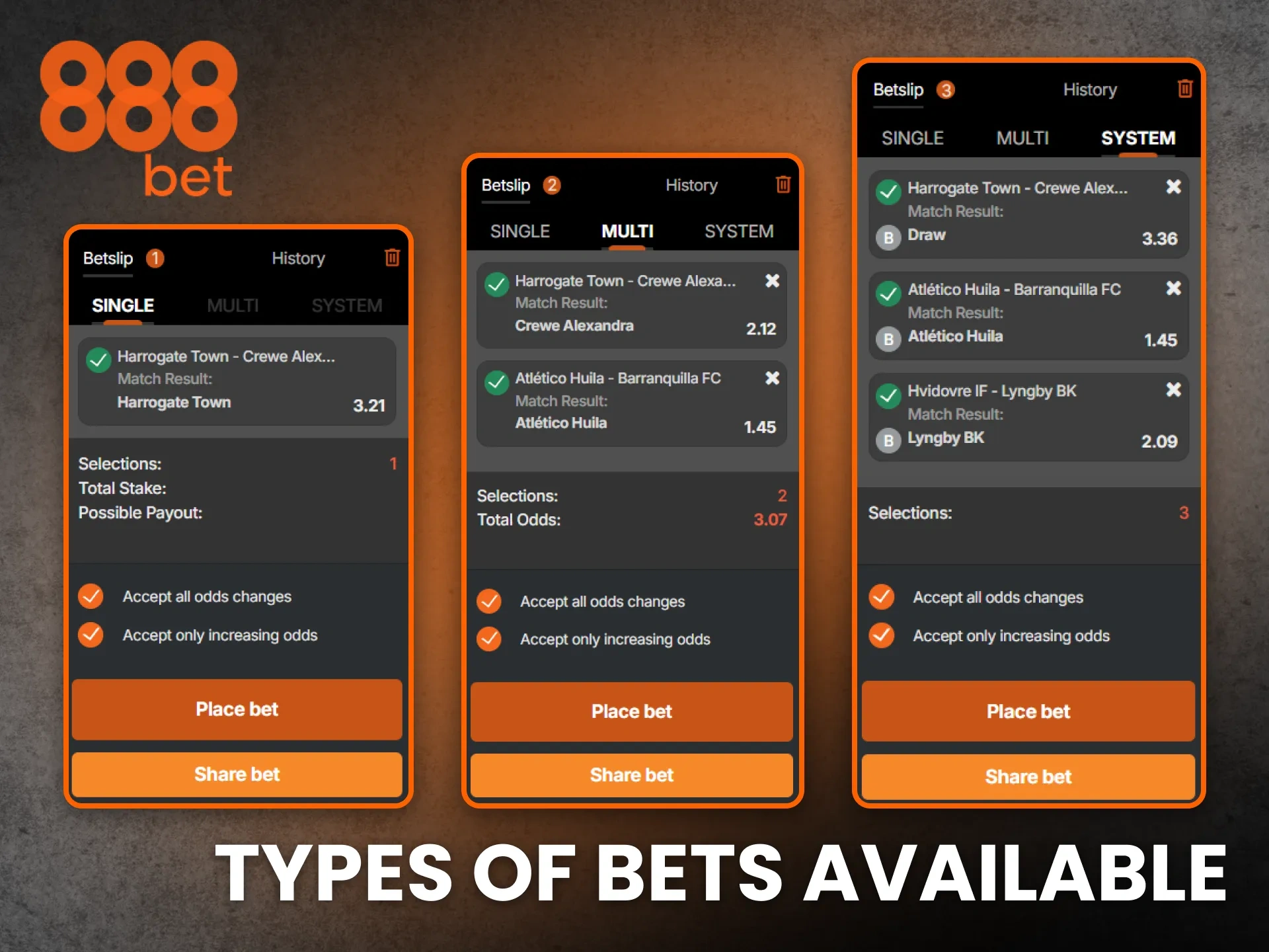 Review the diverse types of bets available at 888bet for every sport.