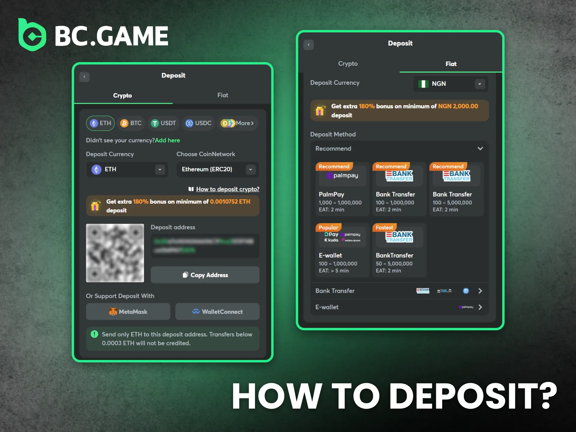 Deposit funds easily at BC Game Nigeria using crypto or other supported methods.