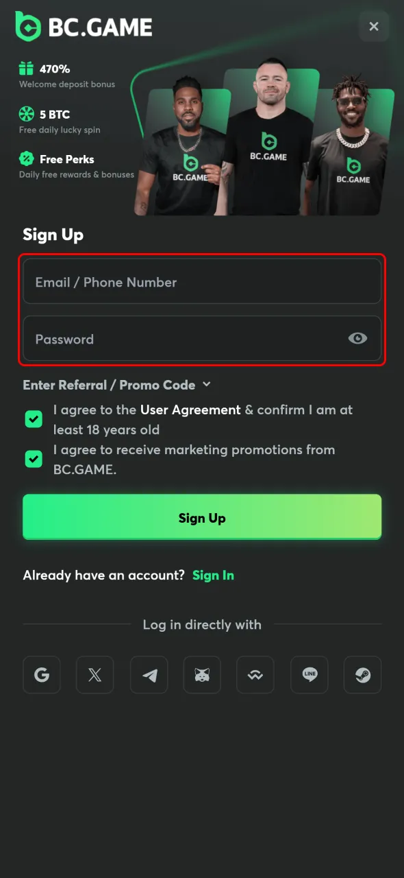Provide your details on BC Game Nigeria to finish account registration.