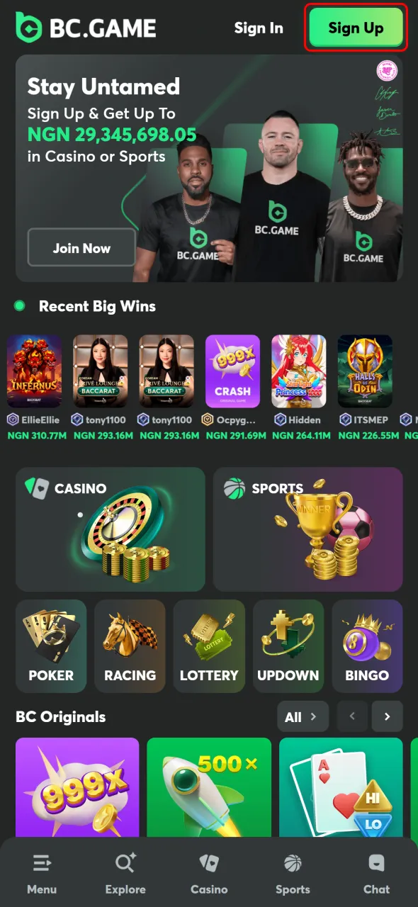 Click the sign-up button on BC Game to register quickly and easily.