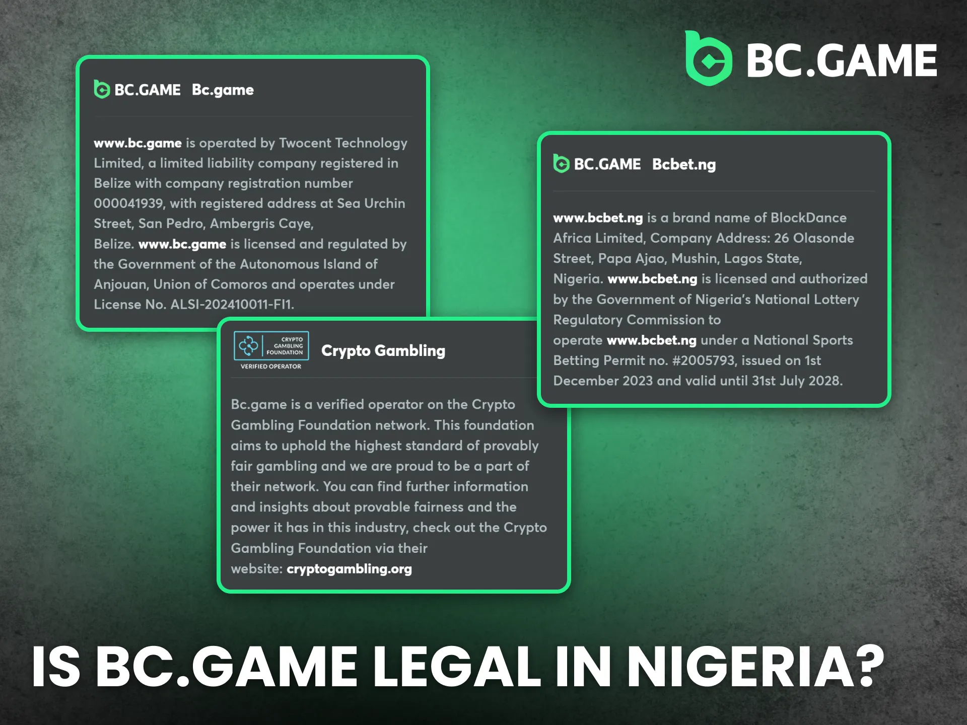 BC Game operates legally and safely for Nigerian online players.