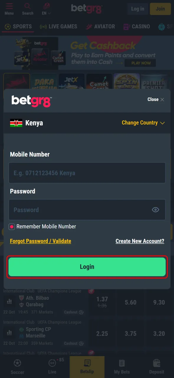 Complete login to explore full features available at BetGR8 Kenya.