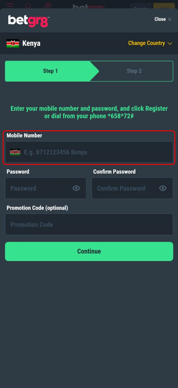 Enter your mobile number to register your BetGR8 Kenya account easily.