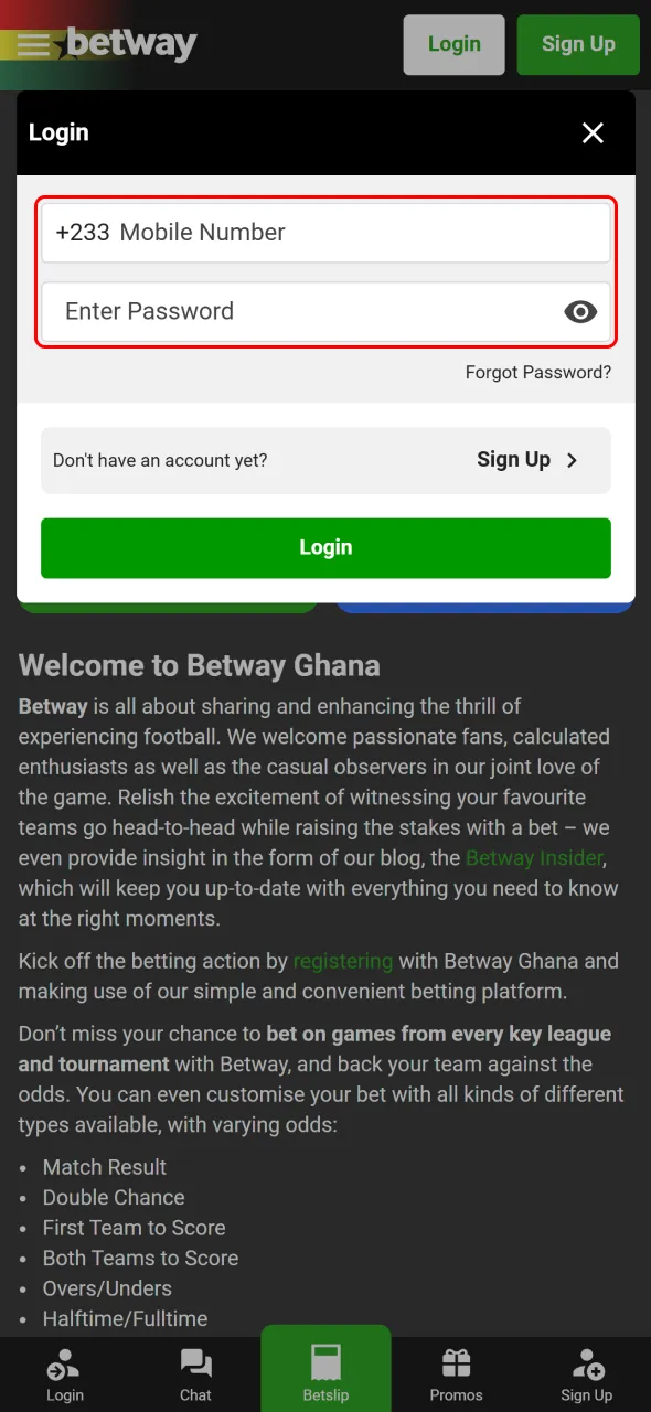 Type in your Betway login details for quick and secure access.