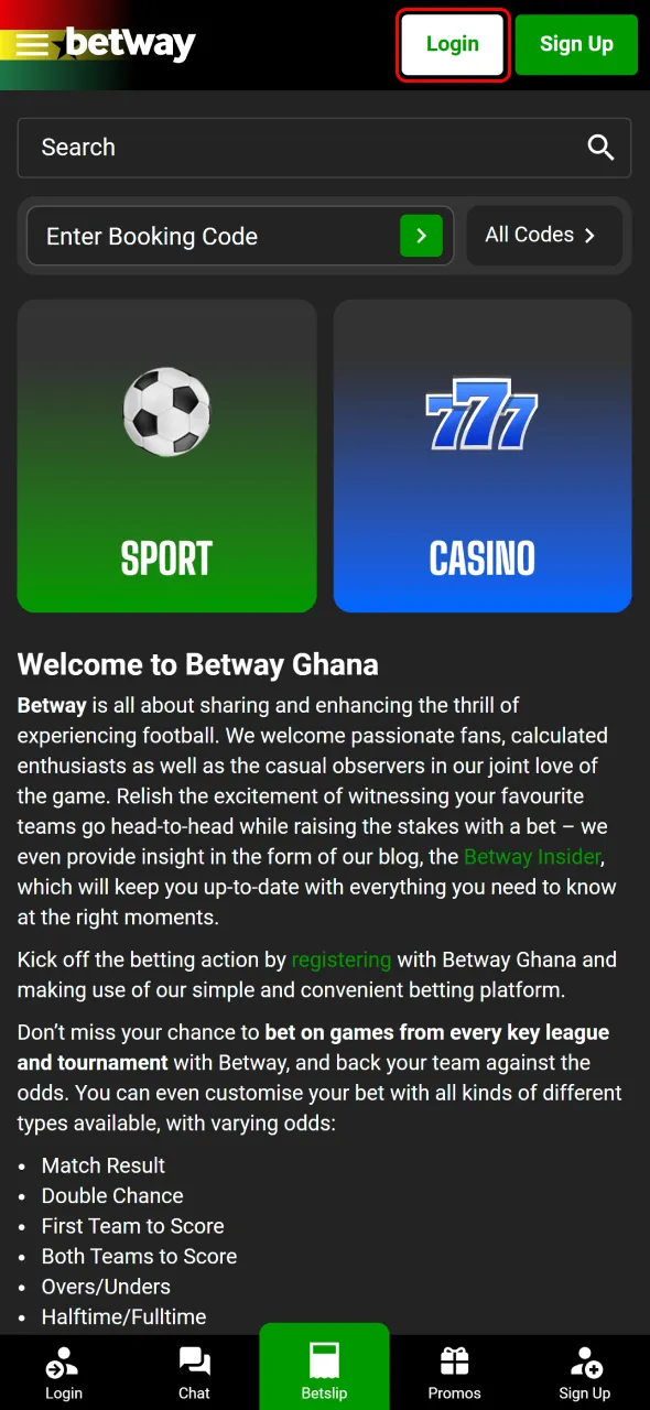 Click the Betway log in button to access your account instantly.