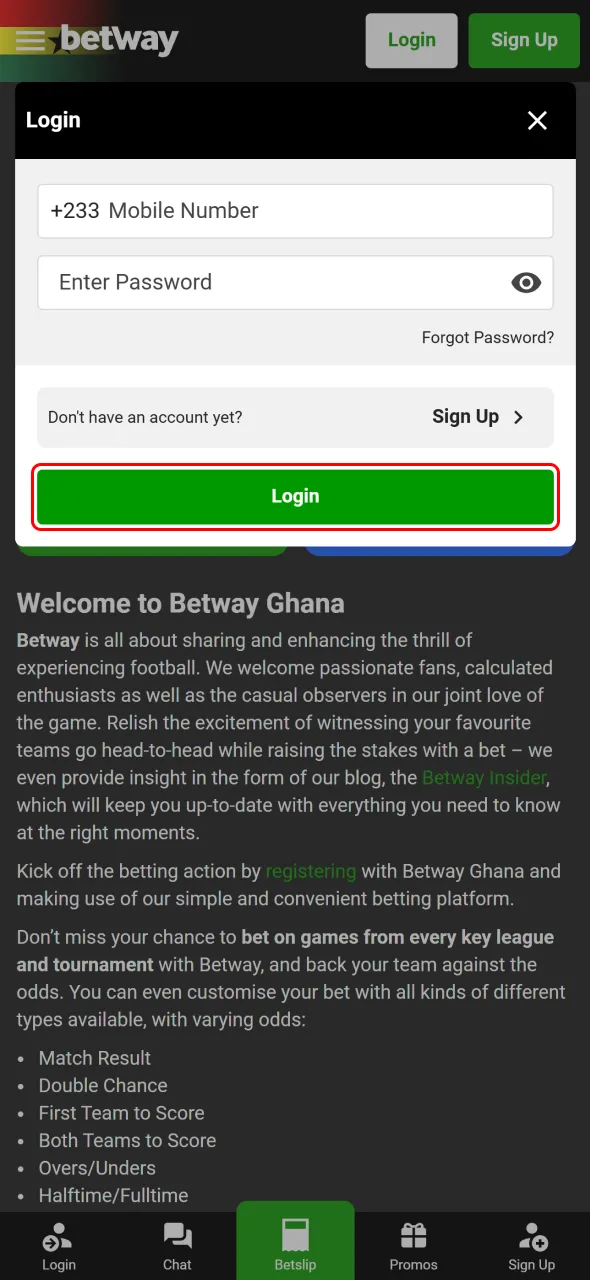 Enter your Betway account and explore all betting sections easily.