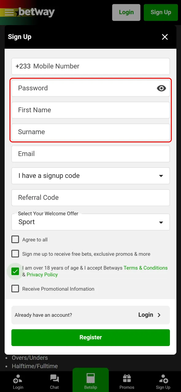 Provide accurate details to create your Betway account and start wagering.