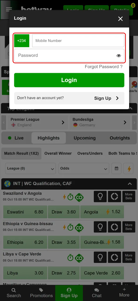 Type your details to log in and enjoy Betway Nigeria features.
